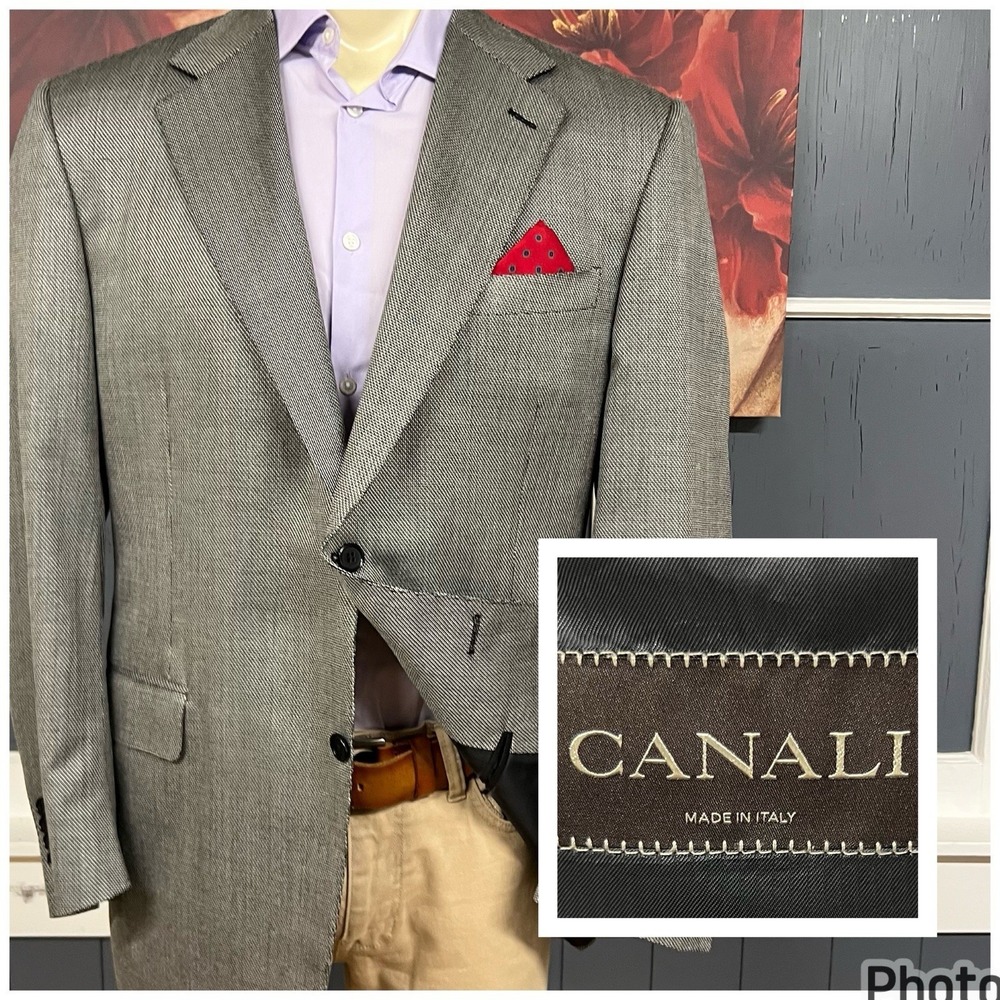 Canali (*Actual Size 46R) Mens Wool Silk Hopsack Sport Blazer Satin Sheen Gray